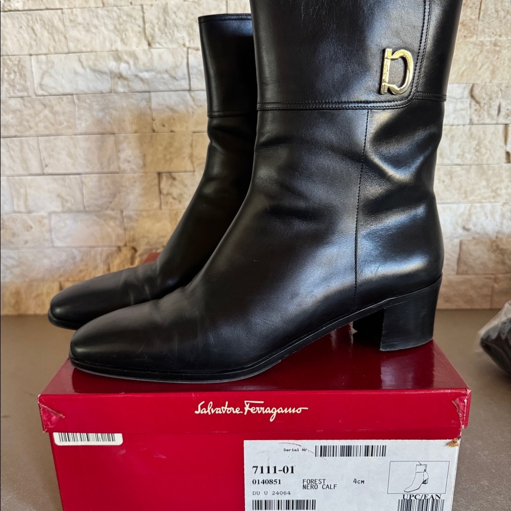 Salvatore Ferragamo Black Leather Mid-Calf Heeled Boots with Gold Logo
